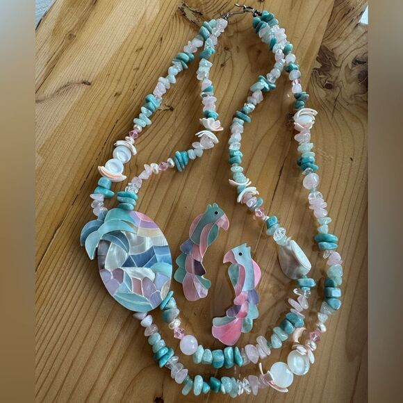 Vintage MOP Parrot bird rose quartz turquoise necklace earrings Lee sands - Picture 2 of 7